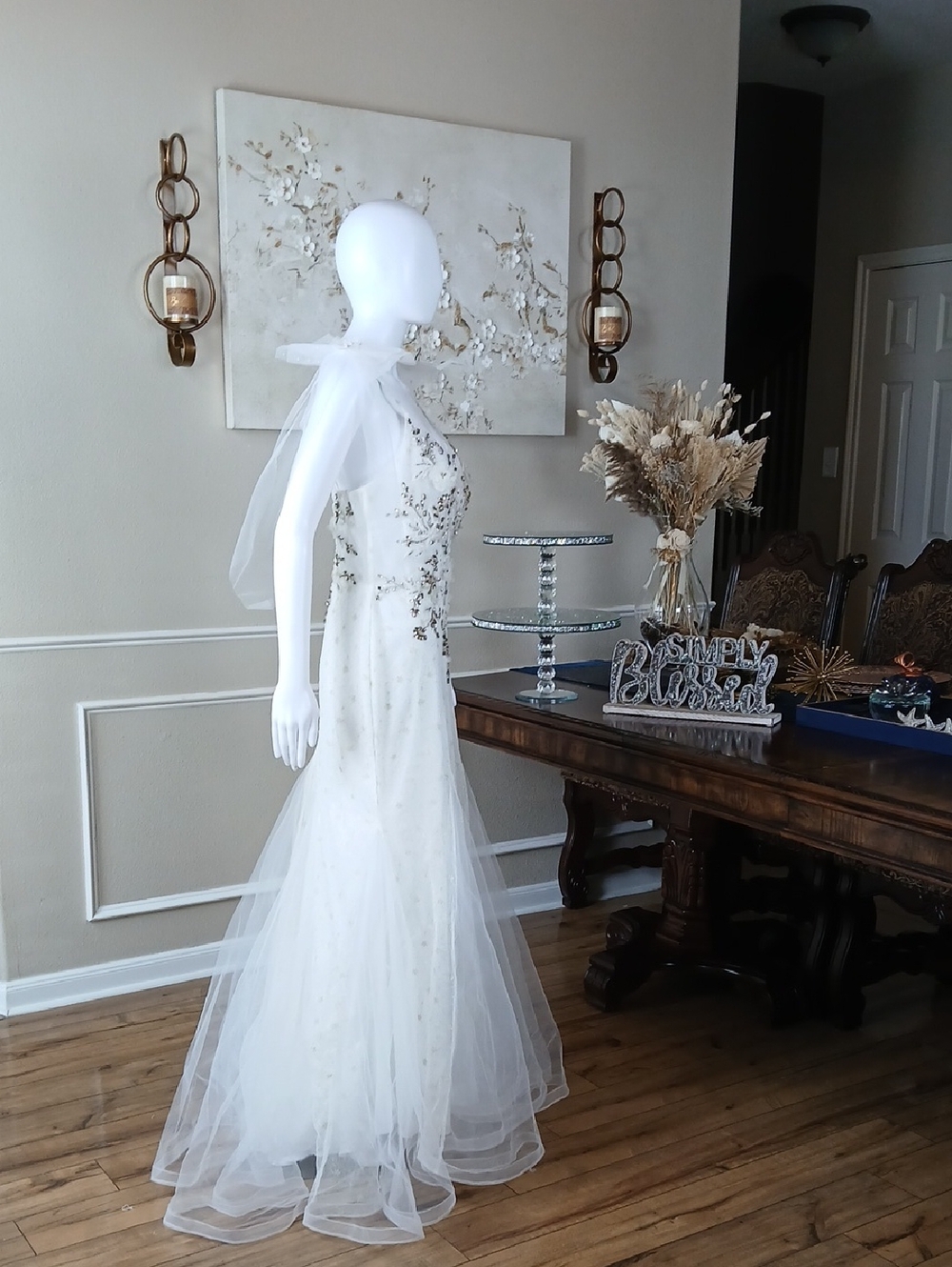 Mac Duggal White And Gold Crystals Tulle Bridal Mermaid Gown with Bow Straps - Picture 11 of 16